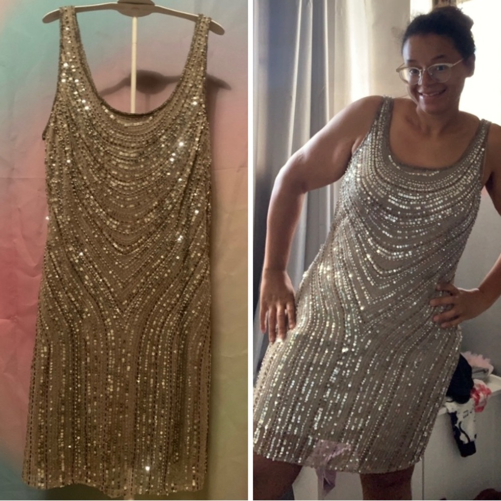 Silver beaded mini cocktail dress, size L